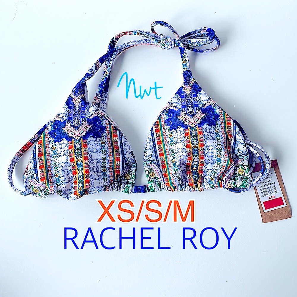 Rachel Roy triangle string bikini top Moroccan blue orange white multi XS to M